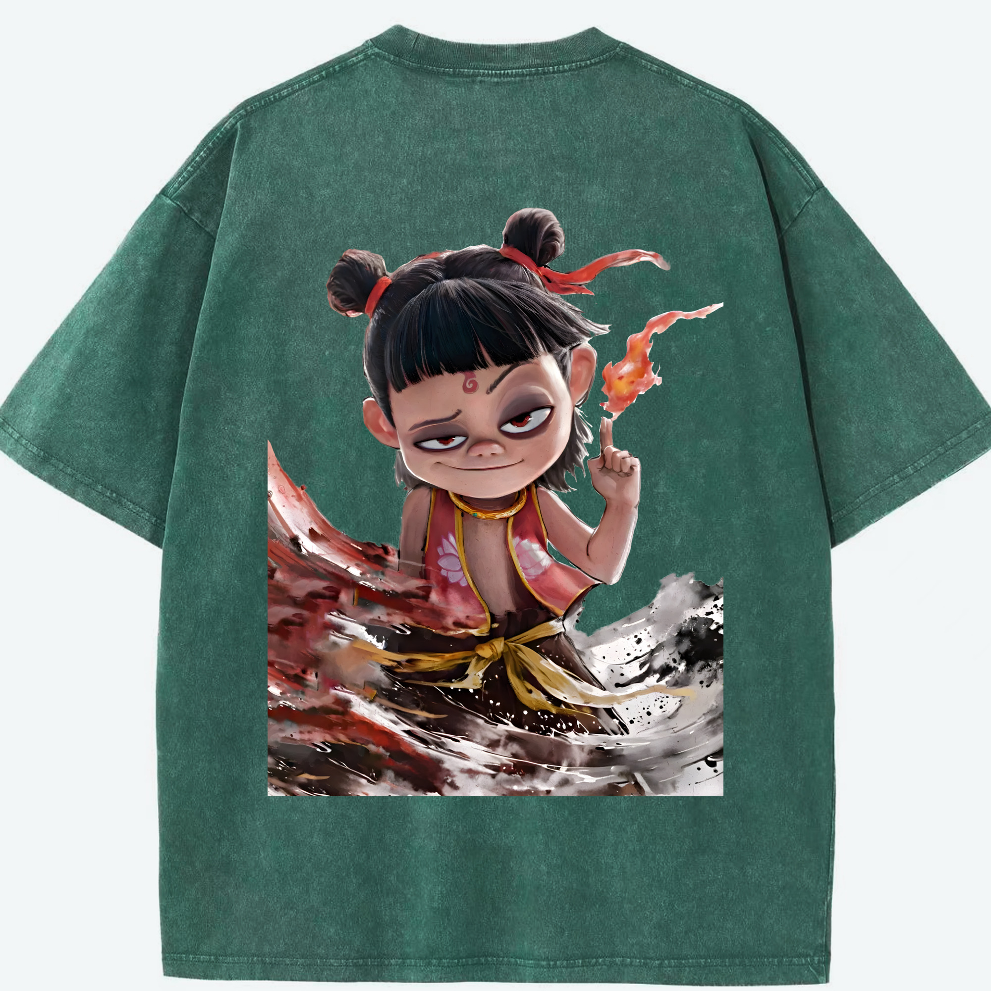 （画像用） Ne Zha 2 ナタ 魔童の大暴れ 綿100% ヴィンテージ風 半袖Tシャツ（背面プリント）